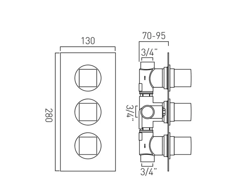 Vado Dx Mix 2 Outlet 3 Handle Concealed Thermostatic Valve Chrome technical drawing - Image 2