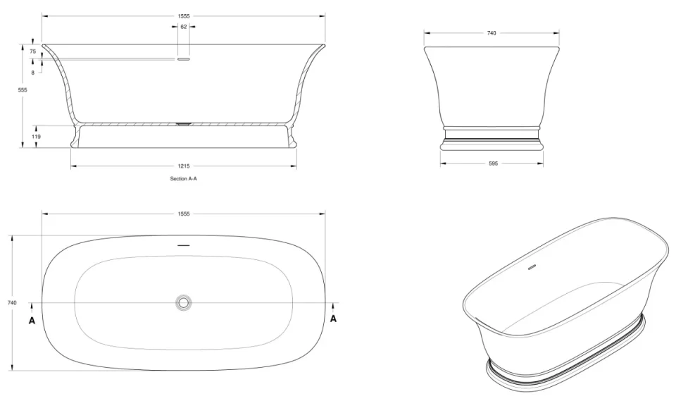 Bc Designs Bampton Bath 1555 X 740 (no Waste) Powder Grey detail view - Image 2