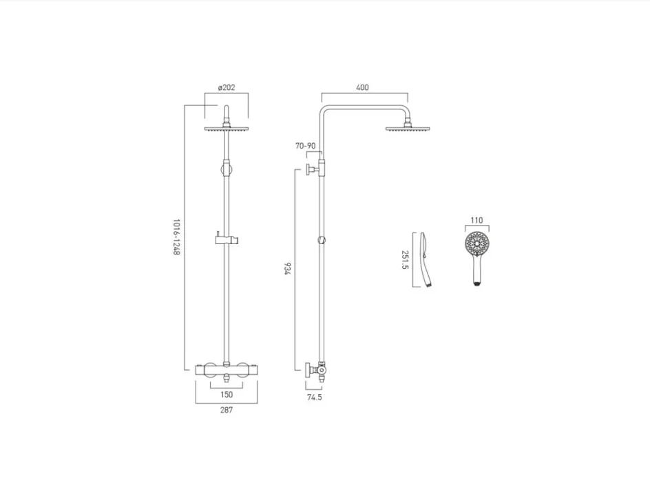 Vado Atmosphere Adjustable Round Thermostatic Shower Valve With Integrated Diverter And Rigid Riser With Single Function Shower Head And 5 Function Shower Handset Chrome technical drawing - Image 2