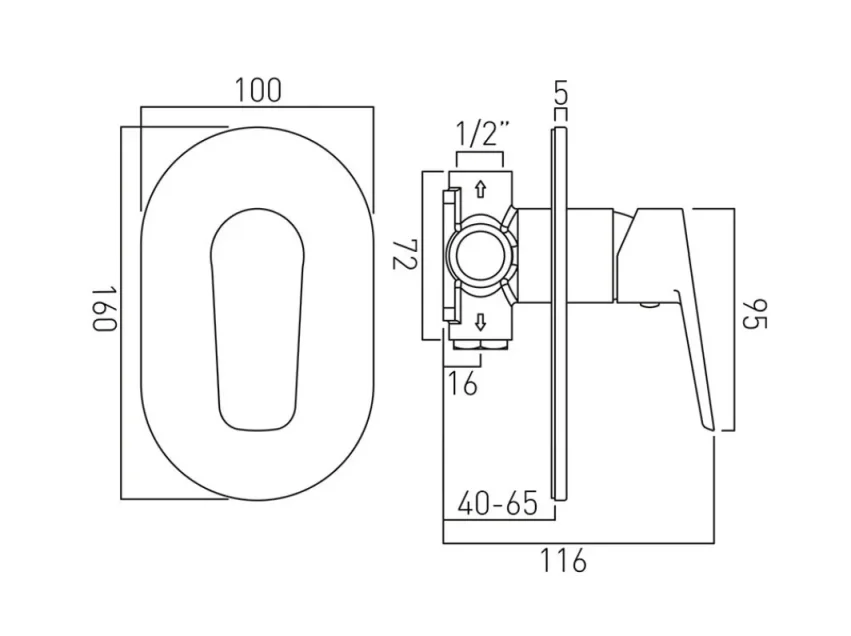 Vado Photon 1 Outlet Single Lever Concealed Manual Valve Chrome technical drawing - Image 3