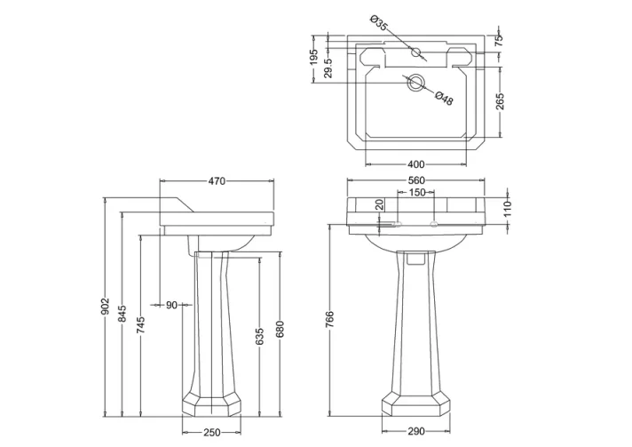 Burlington Edwardian Basin 56cm 3th technical drawing - Image 2