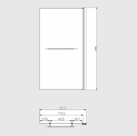Crosswater Design 8 Single Panel 8mm Bath Screen 850mm Matt Black technical drawing - Image 2
