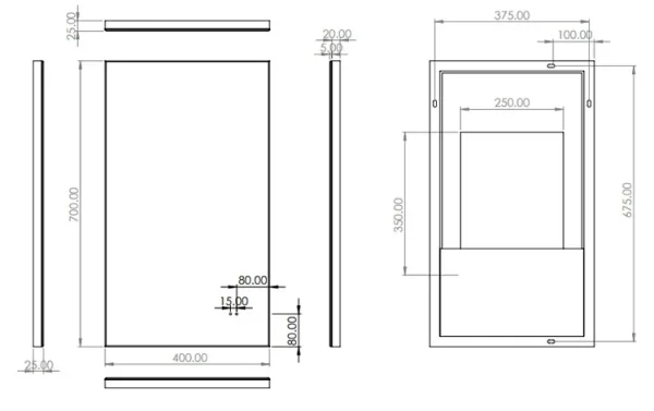 Hib Air 40 Mirror H70 X W40 X D2.5cm technical drawing - Image 2