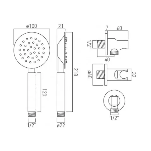 Vado Aquablade Round Single Function Mini Shower Kit With 150cm Shower Hose And Bracket With Integrated Outlet Chrome technical drawing - Image 3
