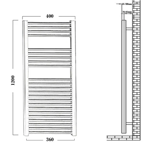 Reina Diva 400 X 1200 Towel Radiator Chrome Flat technical drawing - Image 2