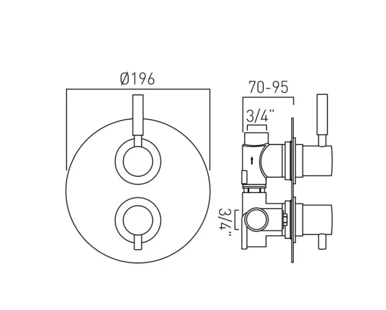 Vado Dx Origins 1 Outlet 2 Handle Concealed Thermostatic Valve Chrome technical drawing - Image 2
