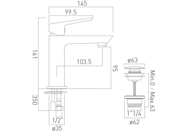 Vado Photon Mini Mono Basin Mixer Smooth Bodied Single Lever Deck Mounted With Universal Waste Chrome technical drawing - Image 3