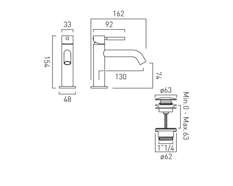 Vado Omika Single Lever Mono Basin Mixer With Universal Waste Chrome technical drawing - Image 2