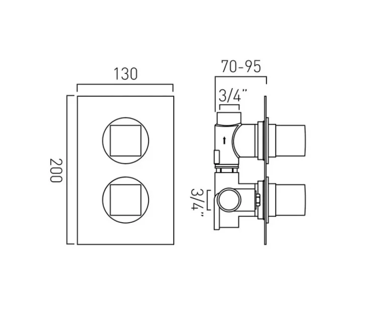 Vado Dx Mix 1 Outlet 2 Handle Concealed Thermostatic Valve Chrome technical drawing - Image 2