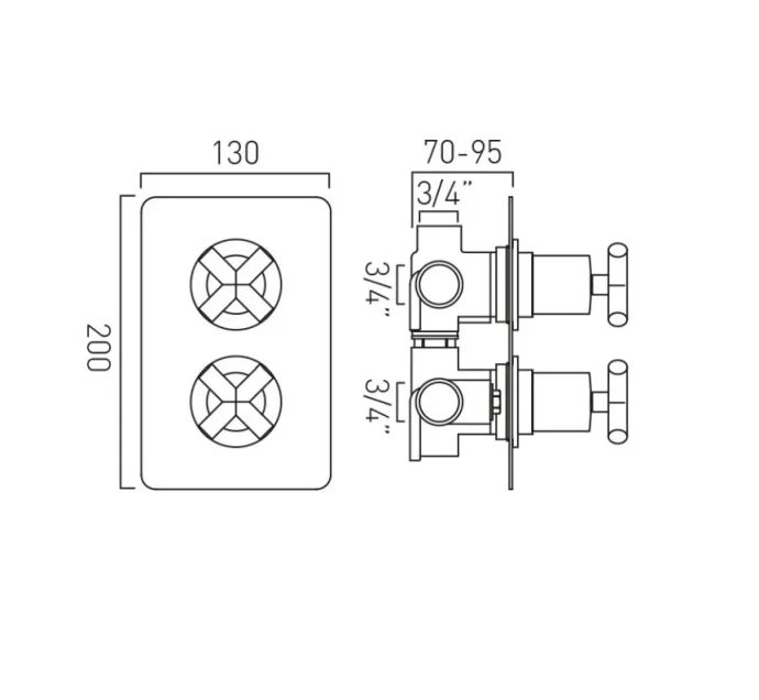 Vado Dx Elements 3 Outlet 2 Handleconcealed Thermostatic Valve Soft Square Backplate Chrome technical drawing - Image 2