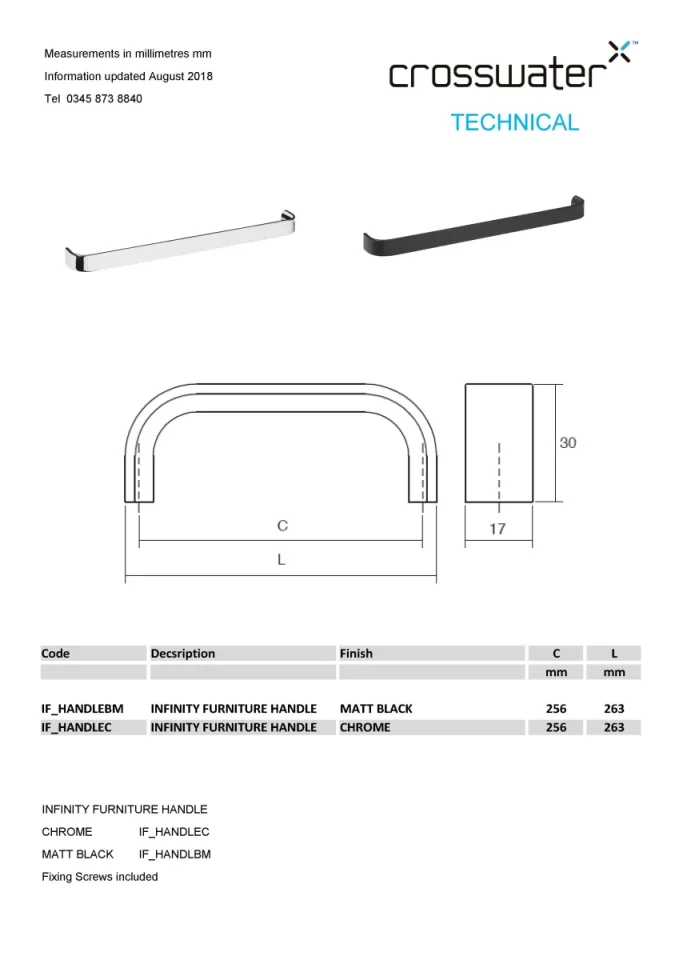 Crosswater Furniture Handle Matt Black technical drawing - Image 2