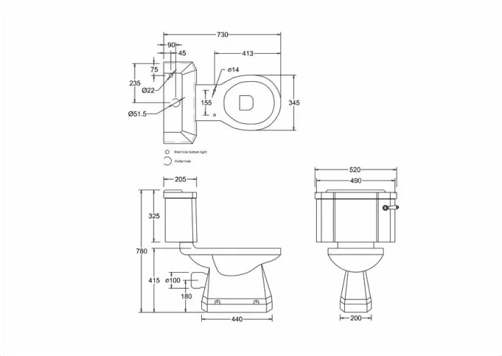 Burlington Close Coupled / Low Level Cistern 51cm Front Button (incl. Cistern Fittings) technical drawing - Image 4