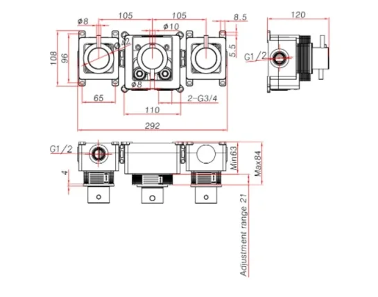 Ava Trend 3 Way 3 Handle Thermostatic Valve W/ Flanges - Brushed Black technical drawing - Image 2