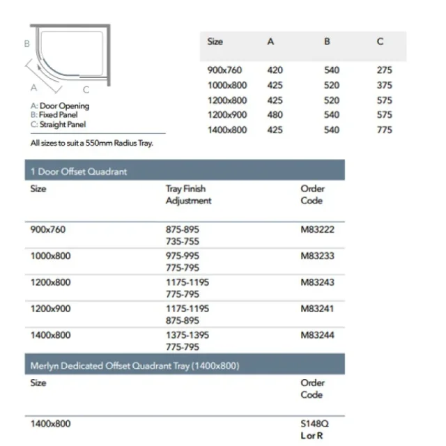 Merlyn 8 Series 1 Door Offset Quadrant 900 X 760mm technical drawing - Image 3