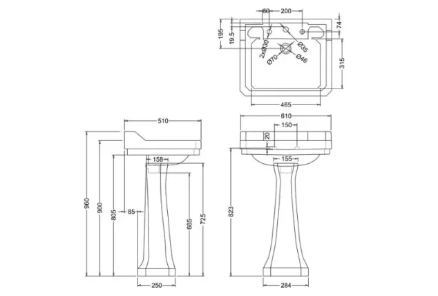 Burlington Edwardian Basin 61cm 3th technical drawing - Image 2