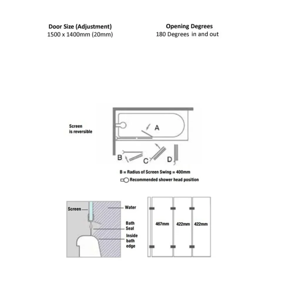 Merlyn 3 Panel Folding Bathscreen 1400 X 1500mm technical drawing - Image 3