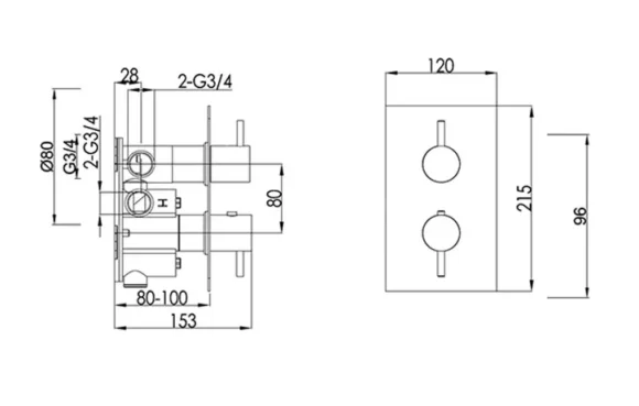 Just Taps Vos Thermostatic Concealed 2 Outlet Shower Valve Brushed Brass technical drawing - Image 2