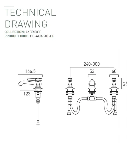 Booth & Co. 3 Hole Basin Mixer With Pop-up Waste Chrome & White technical drawing - Image 2