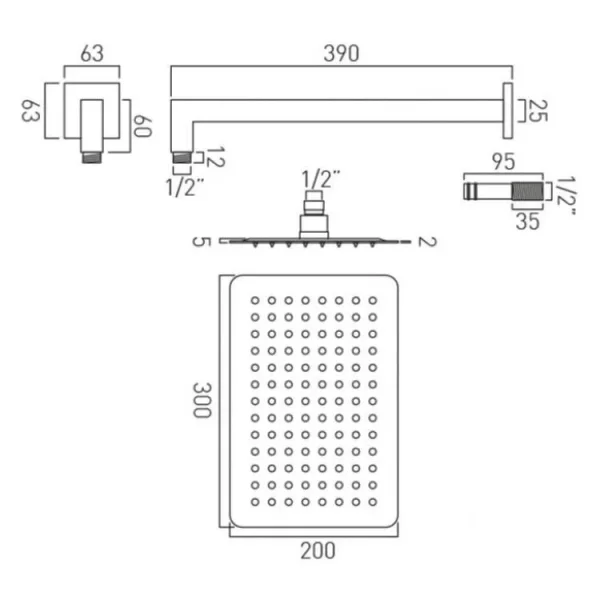 Vado Aquablade 200mm X 300mm (8" X 12") Rectangular Easy Clean Slimline Shower Head With Arm Chrome technical drawing - Image 3