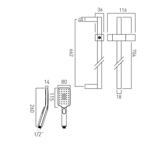 Vado Nebula Slide Rail Shower Kit With Rectangular 3 Function Rub-clean Shower Handset With Push-button Control, 700mm Slide Rail And 150cm Shower Hose Chrome technical drawing - Image 2
