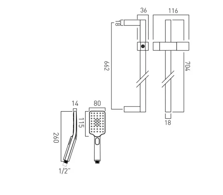 Vado Nebula Slide Rail Shower Kit With Rectangular 3 Function Rub-clean Shower Handset With Push-button Control, 700mm Slide Rail And 150cm Shower Hose Chrome technical drawing - Image 2