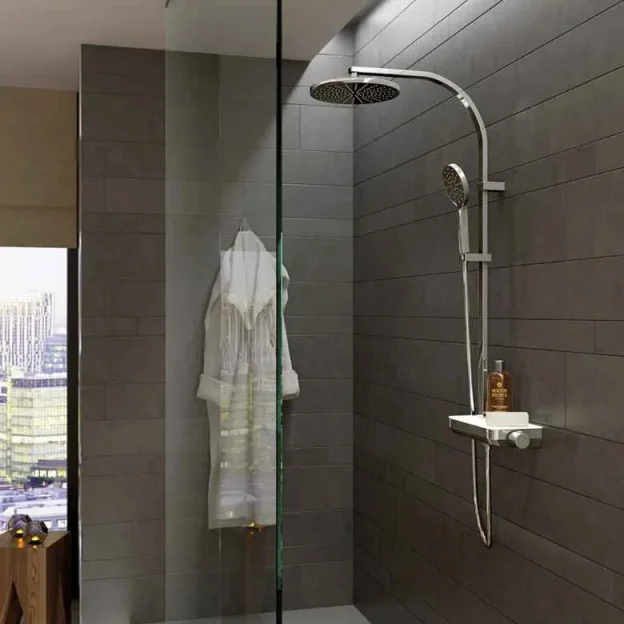 Vado Strata Showering Column With Thermostatic Shower Shelf Valve, Saturn Round Shower Head And Nebula Round 3 Function Showering Handset Chrome detail view - Image 2