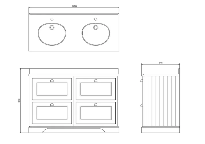 Burlington 1300 Freestanding Vanity Unit Matt White technical drawing - Image 2