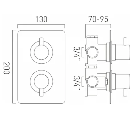 Vado Dx Celsius 2 Outlet 2 Handle Concealed Thermostatic Valve Soft Square Backplate Chrome technical drawing - Image 2