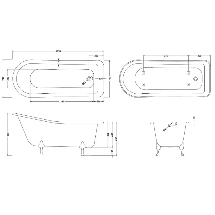 Bc Designs Fordham 1700 Slipper Bath Feet Set 2 White detail view - Image 2