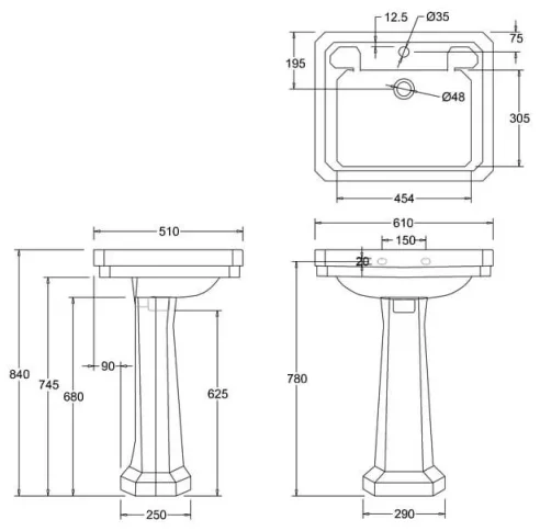 Burlington Victorian Basin 61cm 3th technical drawing - Image 2