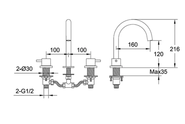 Just Taps Vos 3 Hole Deck Mounted Basin Mixer Brushed Black technical drawing - Image 2