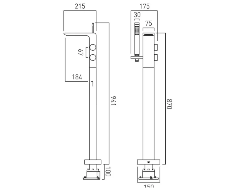 Vado Omika Floor Standing Bath Shower Mixer With Shower Kit Chrome technical drawing - Image 2