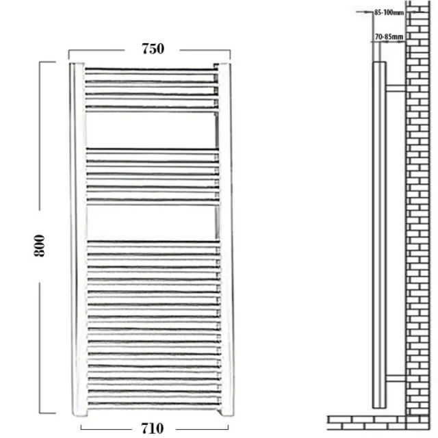 Reina Diva 750 X 800 Towel Radiator Chrome Flat technical drawing - Image 2