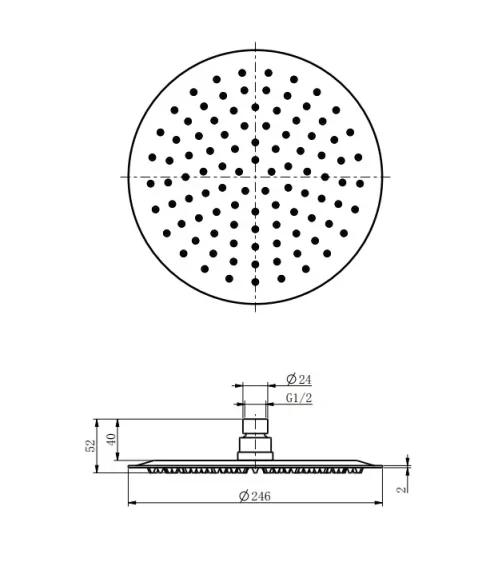 Ava Round 250mm Shower Head - Brushed Stainless Steel technical drawing - Image 2