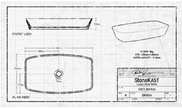 StoneKAST Geo Sit On Basin Matt White 600x350mm technical drawing - Image 2