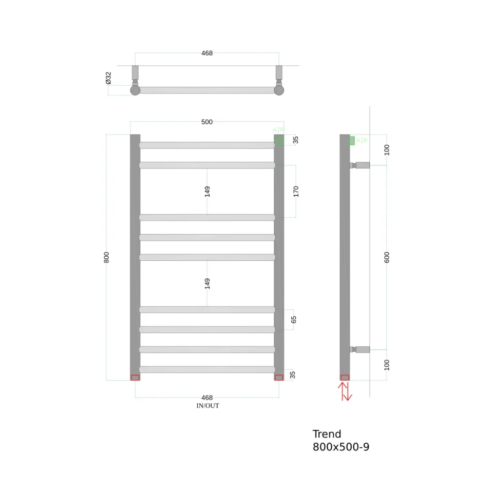 AVA Trend Ladder 800 x 500mm Polished Stainless Steel Towel Rail technical drawing - Image 2