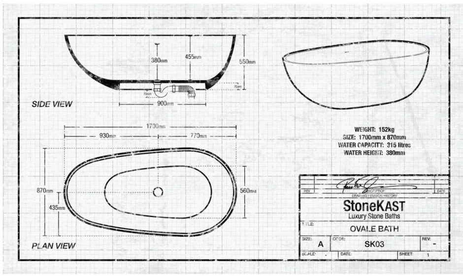 StoneKAST Ovale Single Ended Freestanding Bath 1700 x 870mm Matt White technical drawing - Image 3