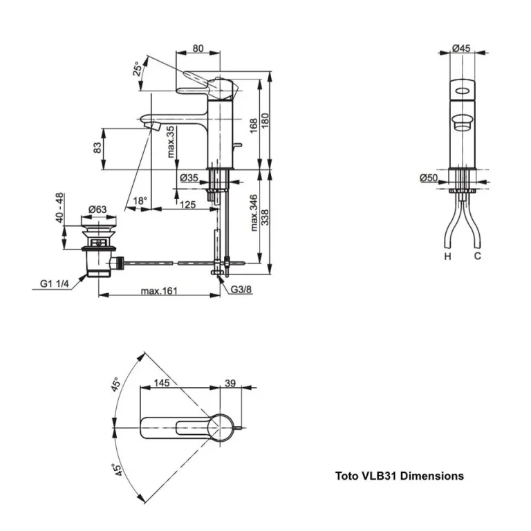 TOTO Single Lever Deck Mounted Basin Mixer Tap (with Pop-up Waste) Chrome technical drawing - Image 2