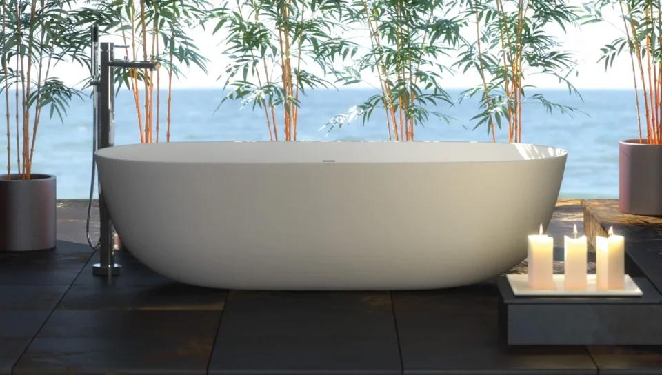 StoneKAST Pebble Freestanding Bath 1800 x 900mm Matt White (Waste Included) detail view - Image 2