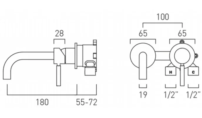 Vado Origins 2 Hole Slimline Basin Mixer Single Lever Wall Mounted 180mm Spout Chrome technical drawing - Image 2