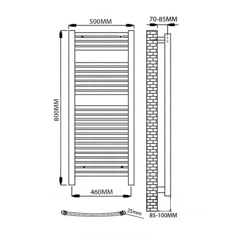 Reina Diva 500 X 800 Towel Radiator White Flat technical drawing - Image 6