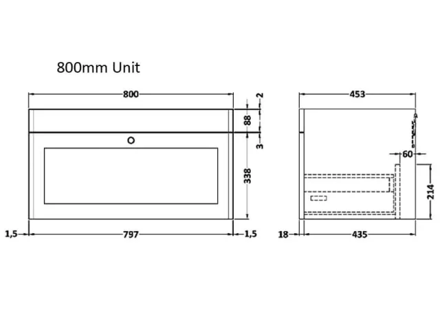 Nuie 800 W/h 1-drawer Unit (431x800x453) Satin White technical drawing - Image 2