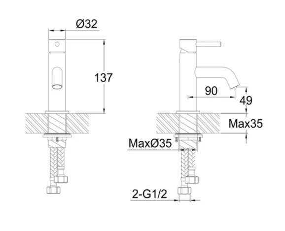Just Taps Vos Single Lever Mini Basin Mixer Brushed Black technical drawing - Image 2