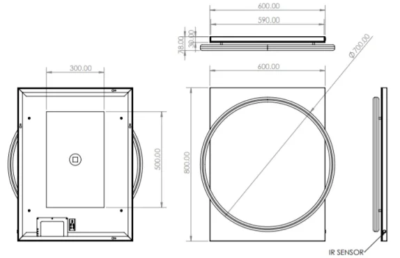 Hib Solas 60 Mirror (black Frame) H80 X W60 X D7.8cm technical drawing - Image 3