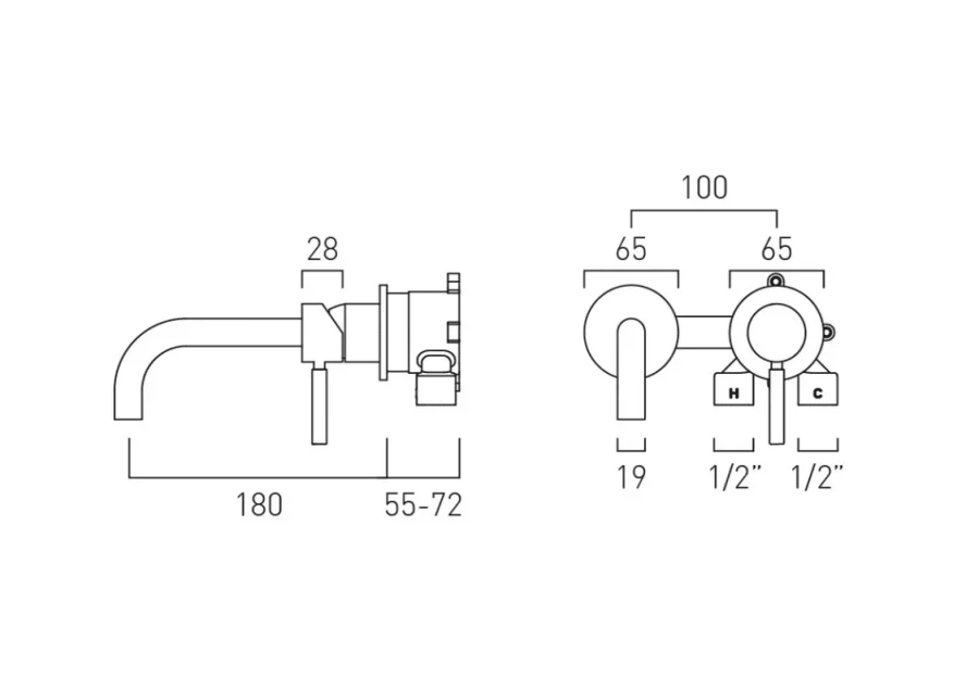 Vado Origins Slimline 2 Hole Wall Mounted Single Lever Basin Mixer With Knurled Handle Chrome Knurled technical drawing - Image 2