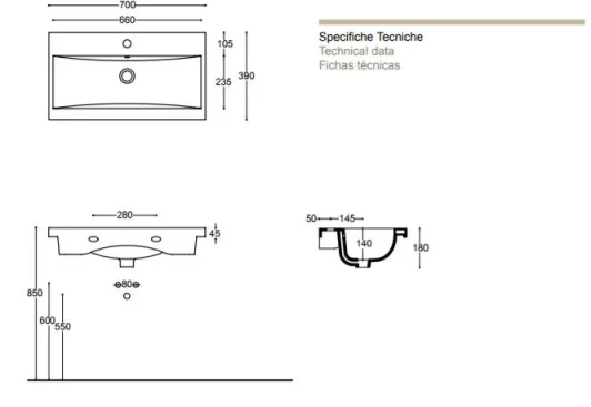 Faeber Barcelona 700m Wall Hung Basin 1 Tap Hole product image - Image 1