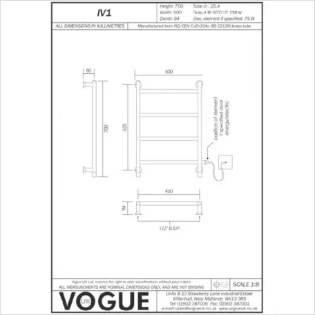 Vogue Vivid Integral Valve Towel Radiator Heating Only - Chrome 700X500 technical drawing - Image 3