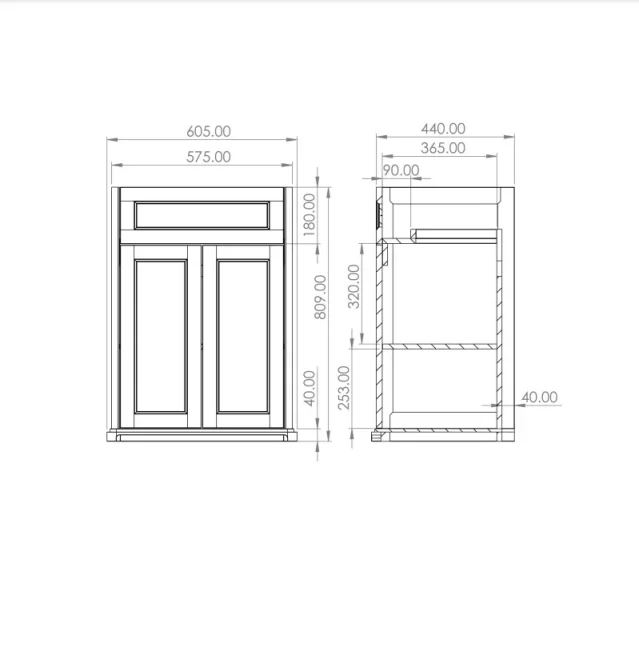 Saneux Sofia 60cm 2 Door Floor Standing Unit - Cotton White technical drawing - Image 2