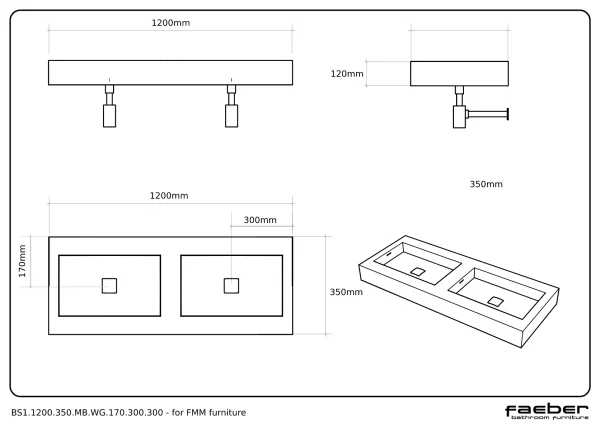 Faeber S1 Mini 1200 x 350mm Double Basin Matt (to fit on Faeber Mini Mode 600mm x2 Units)