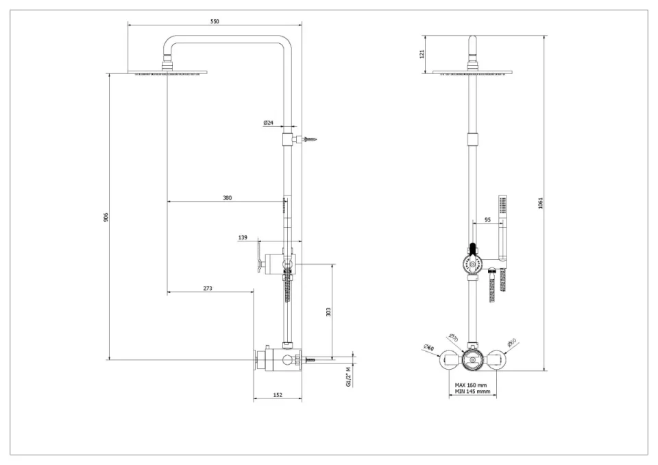 Crosswater Union Exposed Shower Brushed Black Chrome technical drawing - Image 2